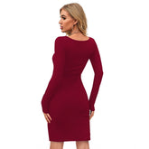 Women's Knitting stretchable Solid Round Neck Full Sleeve Dress (Maroon)